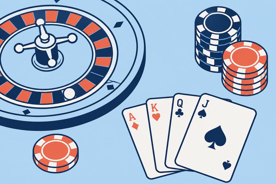 Illustration of a roulette wheel, playing cards and stacked casino chips