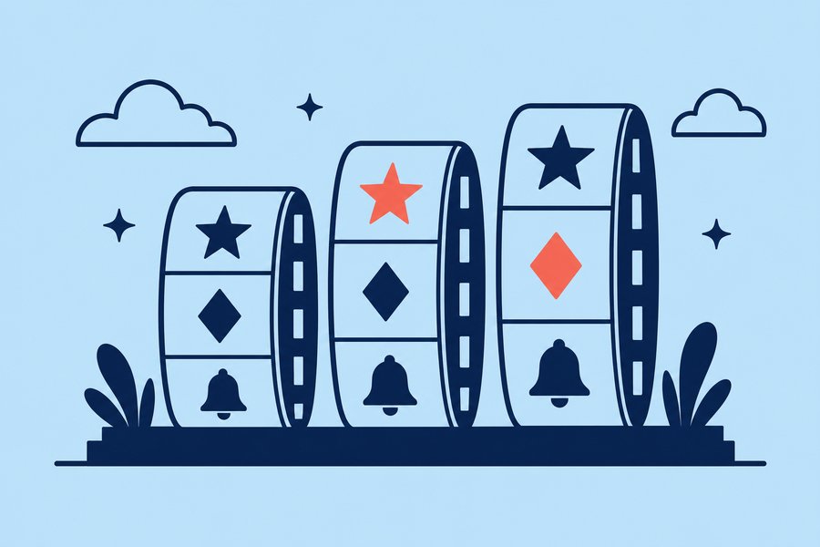 Illustration of three film-reel style towers, each carrying different symbol icons